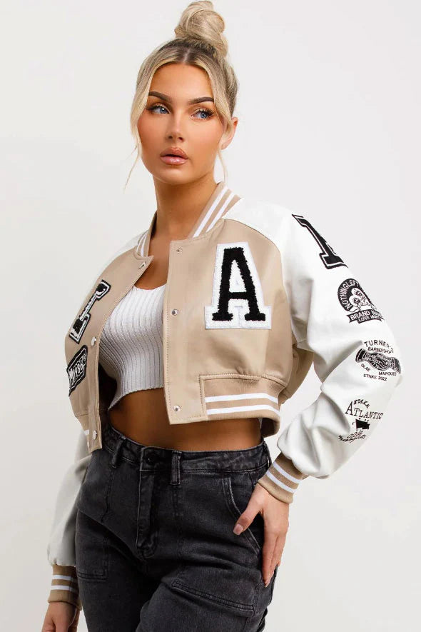 Varsity Bomber Faux Leather Jacket With Letter Detail