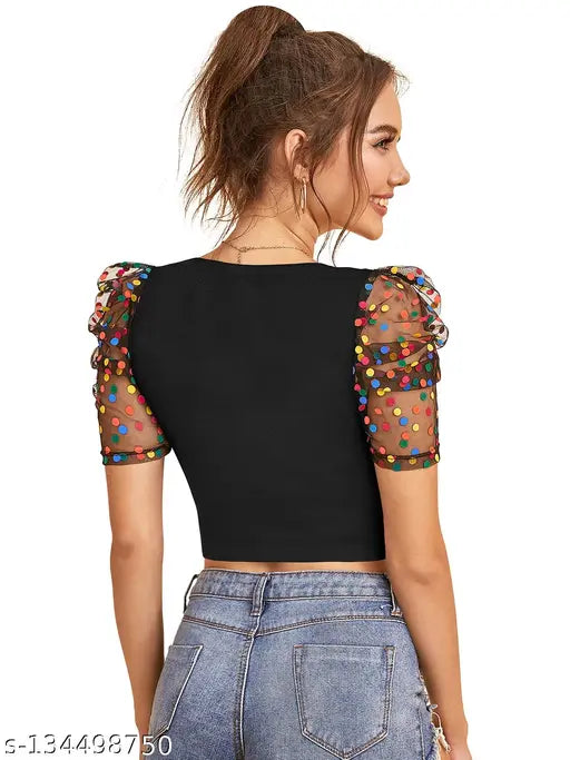 Black Short Sleeve Solid Crop Top For Girls & Women's