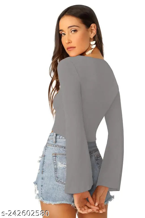 Drawstring V Neck Bell Sleeves Top