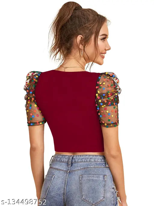 MAROON Short Sleeve Solid Crop Top For Girls & Women's