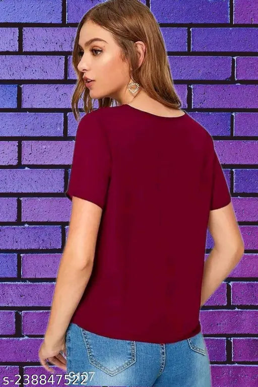 New Casual Solid Maroon Half Sleeve Mesh V-Neck for Women's and Girl's