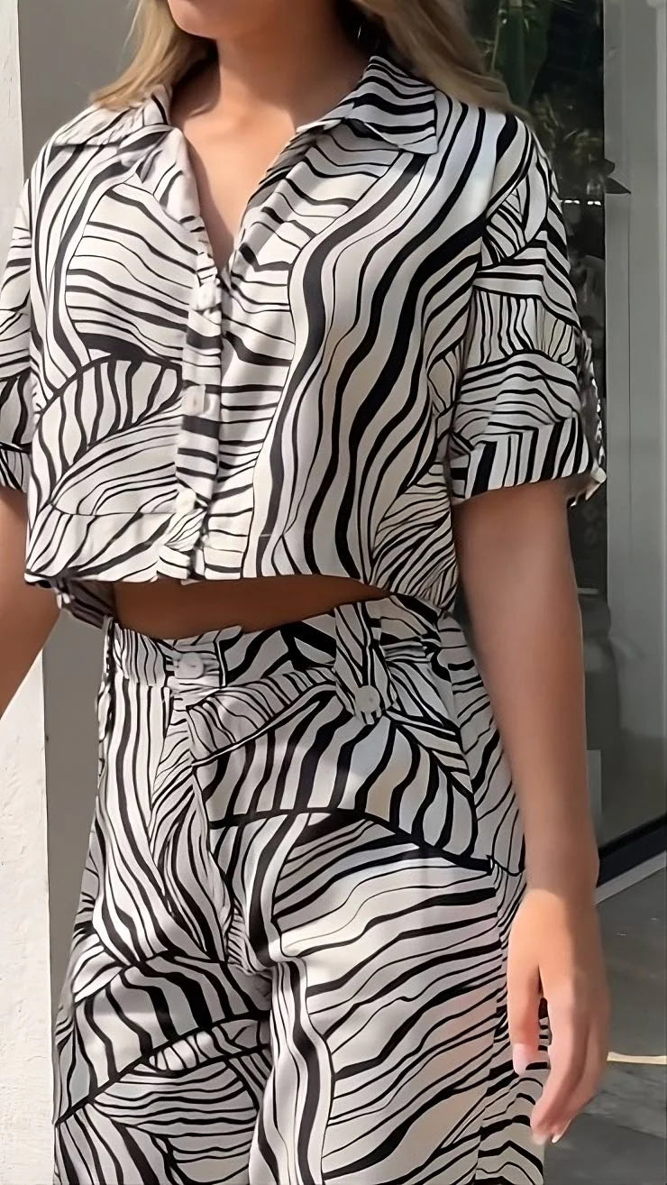 Zebra Pattern : Trendy Two-Piece Co-Ord Set with Crop Top and Wide Leg Pant