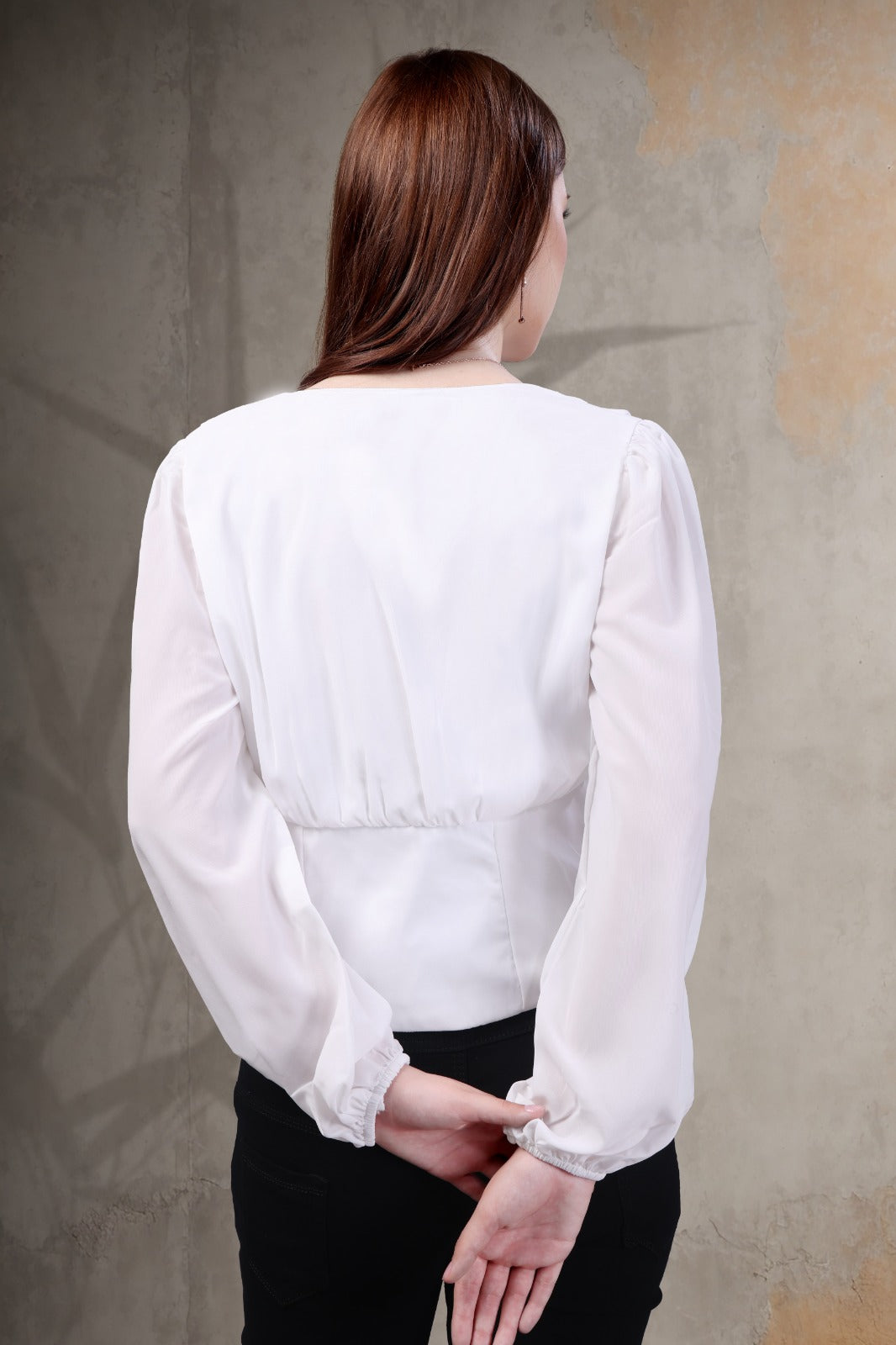 Dazzle -V Neck Puff Long Sleeve Button Top