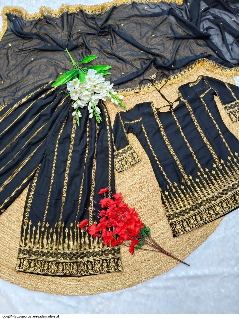 Utpatti Black Faux Georgette Sharara Suit Set with Embroidered Dupatta
