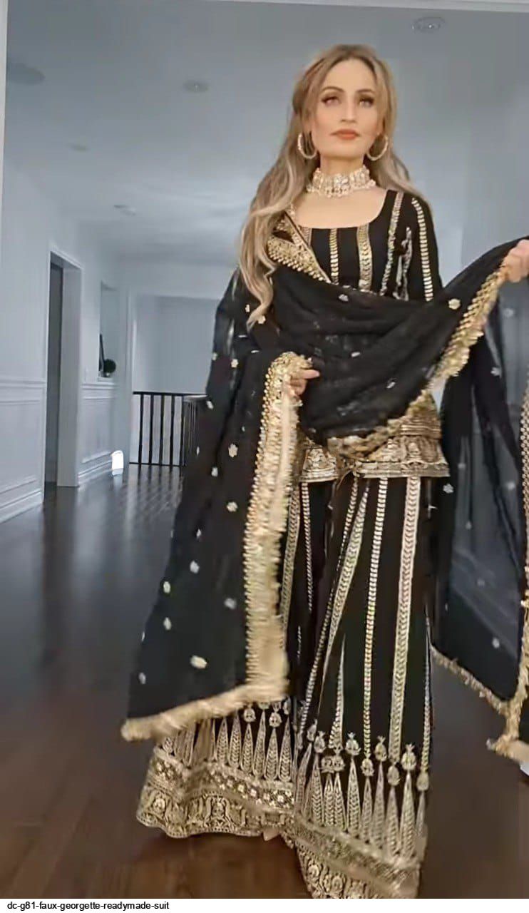 Utpatti Black Faux Georgette Sharara Suit Set with Embroidered Dupatta