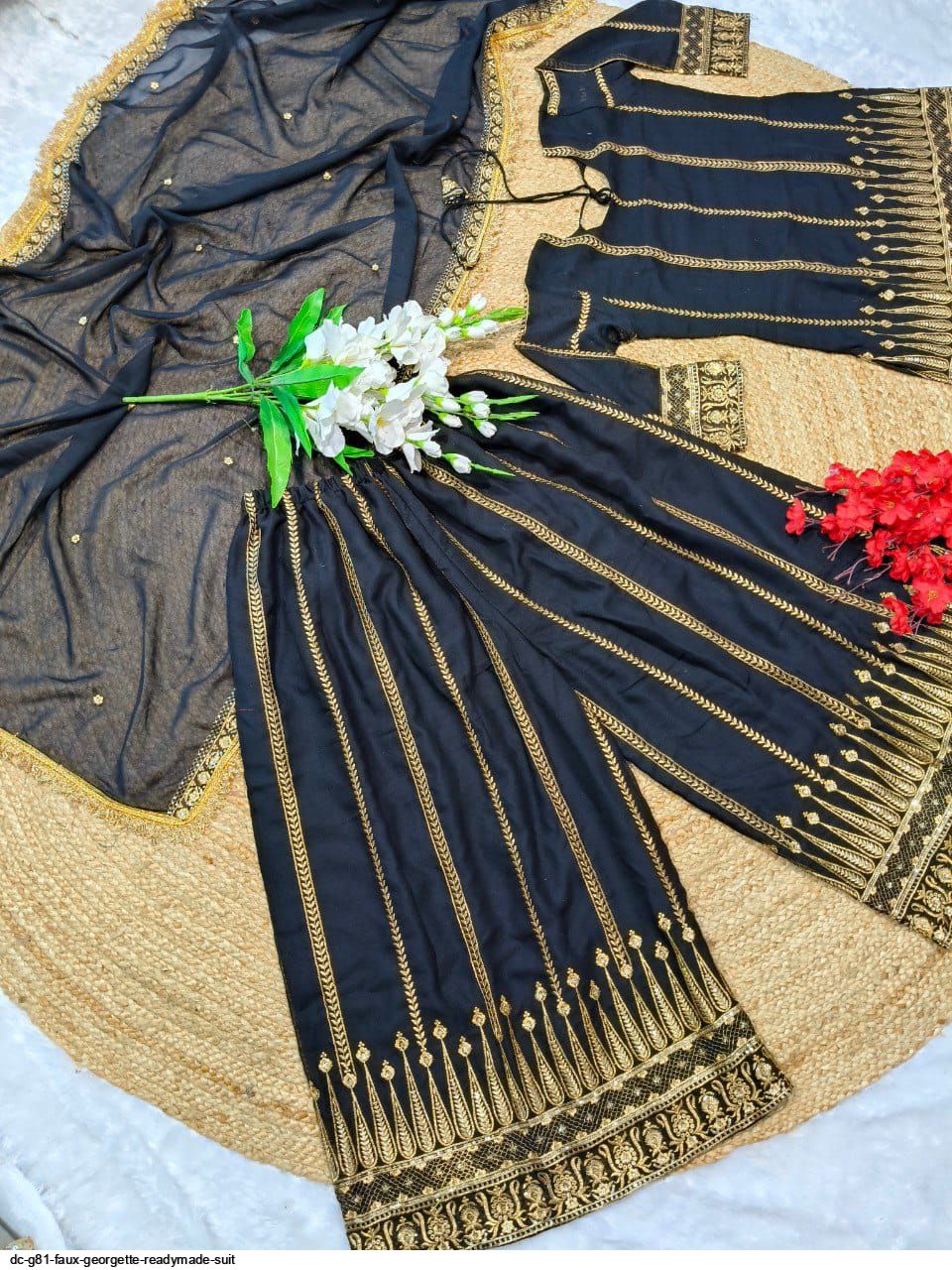 Utpatti Black Faux Georgette Sharara Suit Set with Embroidered Dupatta