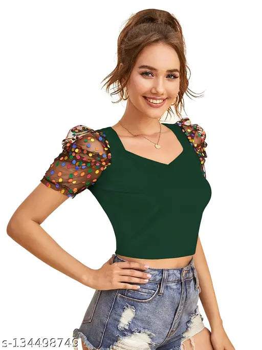 Green Short Sleeve Solid Crop Top For Girls & Women's