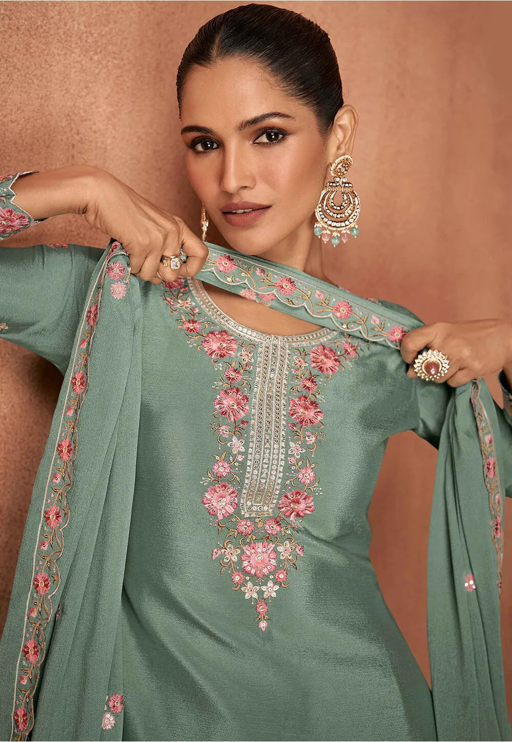 Chinon Palazzo Suit with Floral Embroidery