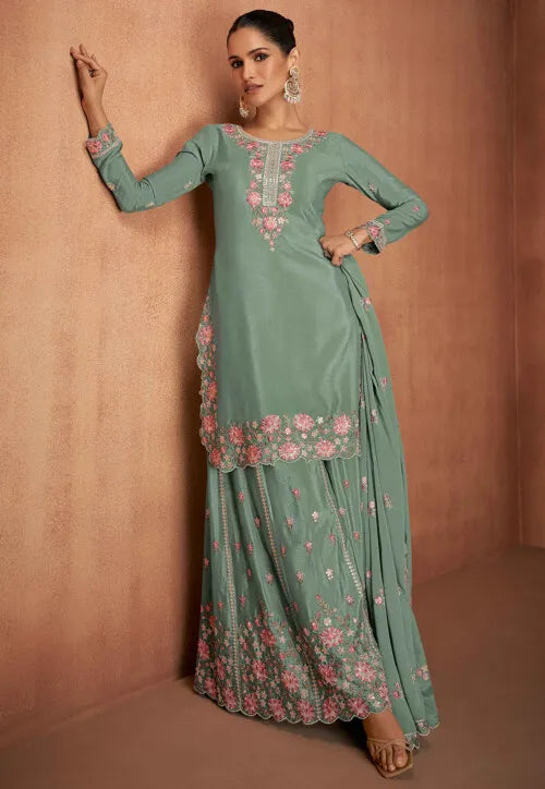 Chinon Palazzo Suit with Floral Embroidery