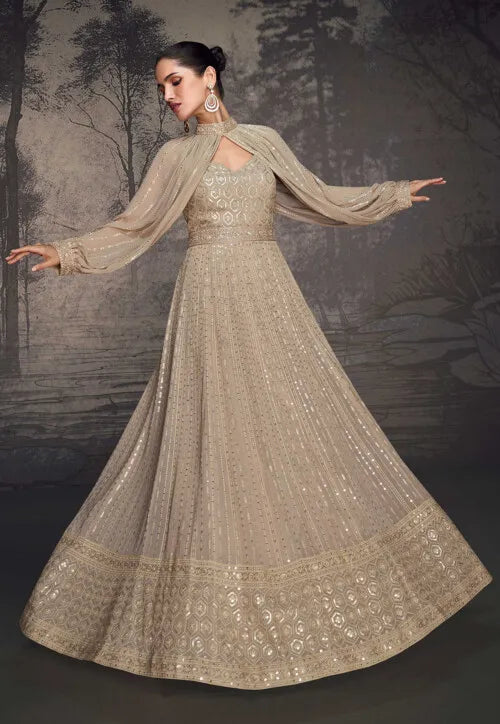 Embroidered Georgette Gown in Beige