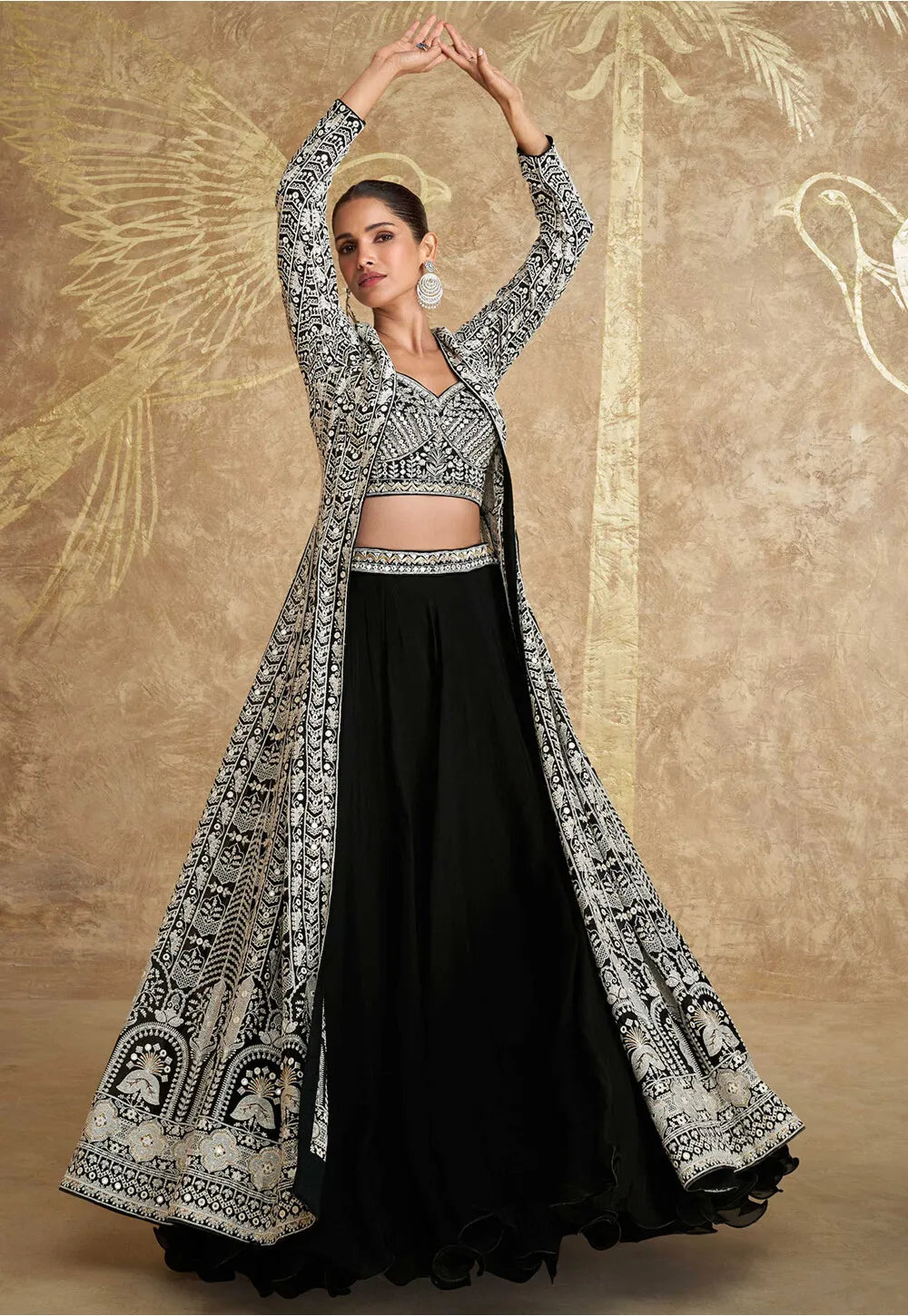 Exquisite Embroidered Real Georgette Croptop With Long Shrug In Black