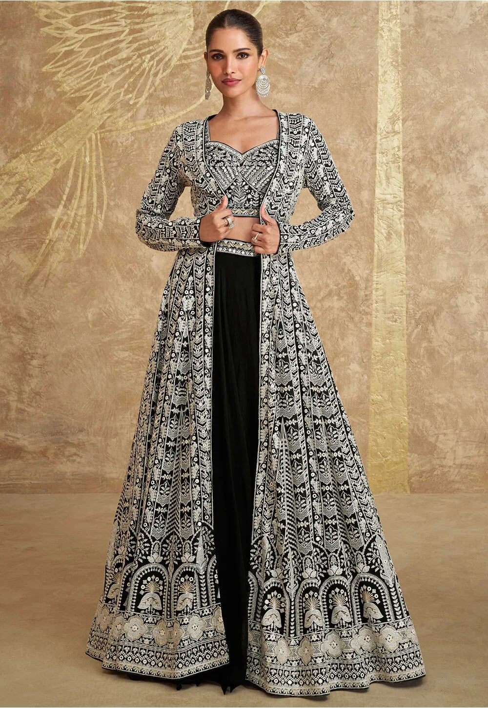 Exquisite Embroidered Real Georgette Croptop With Long Shrug In Black