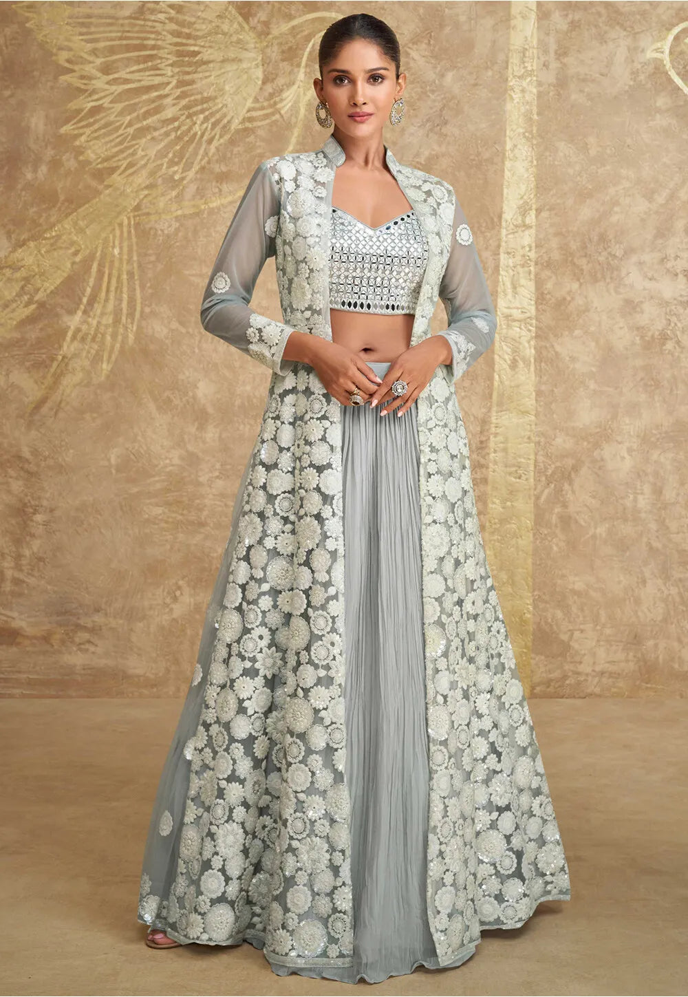 Embroidered Georgette Lehenga in Grey