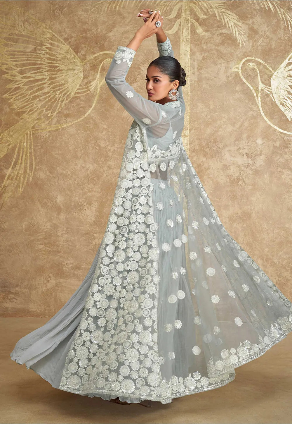 Embroidered Georgette Lehenga in Grey