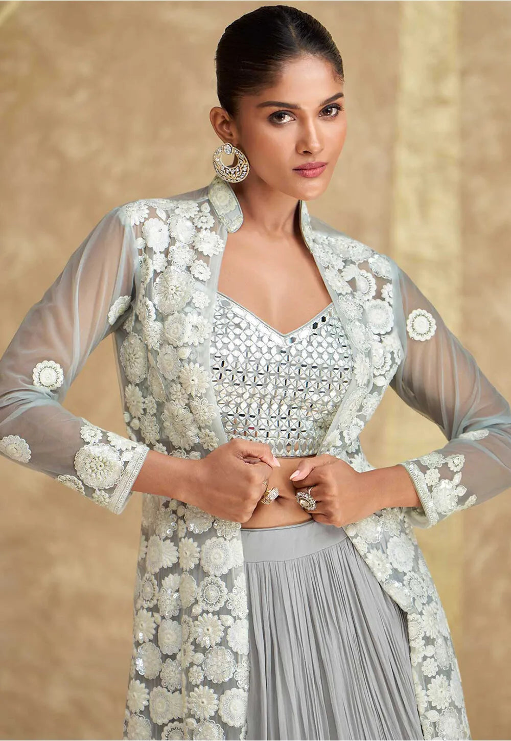 Embroidered Georgette Lehenga in Grey