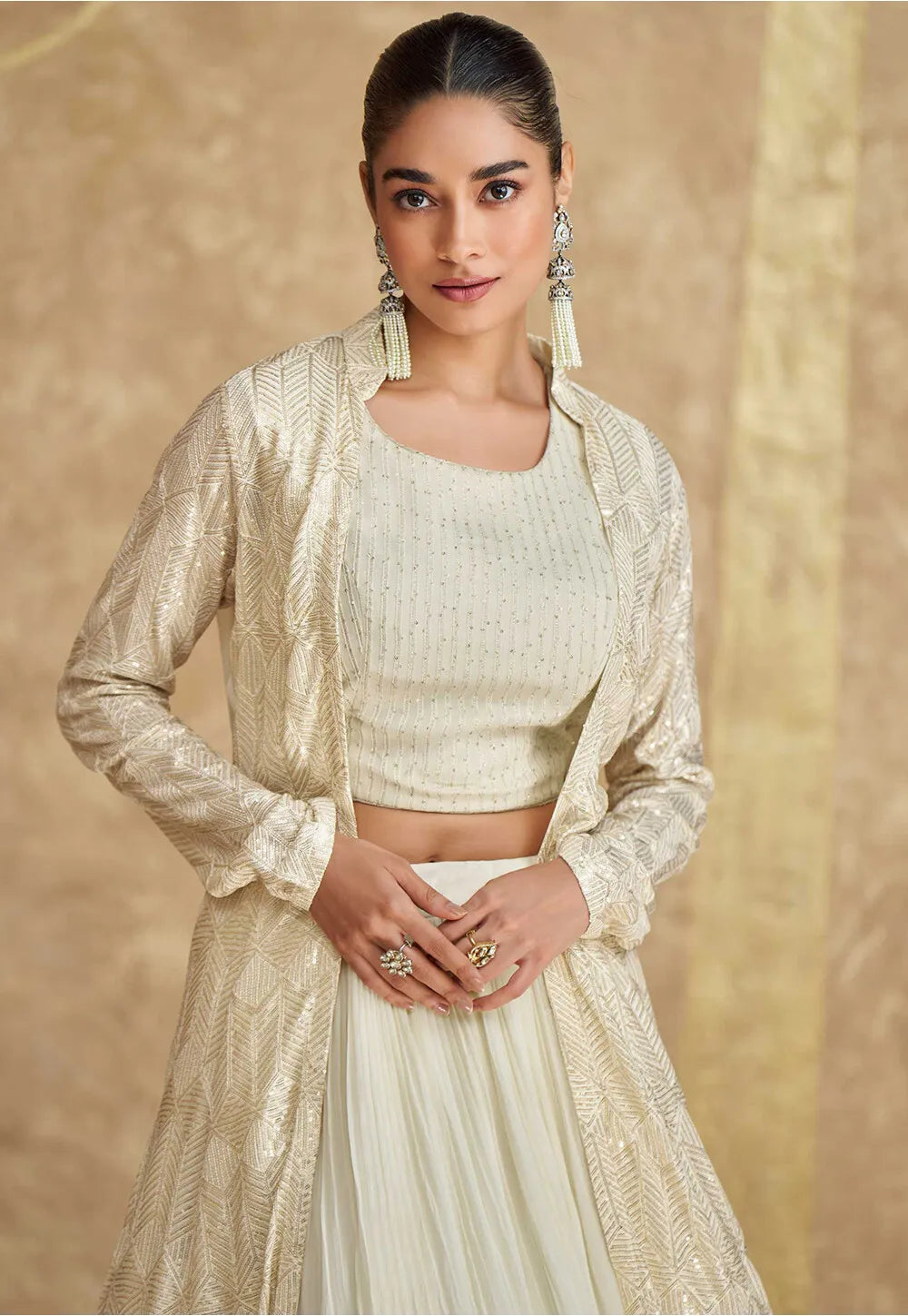 Embroidered Georgette Lehenga in Off White