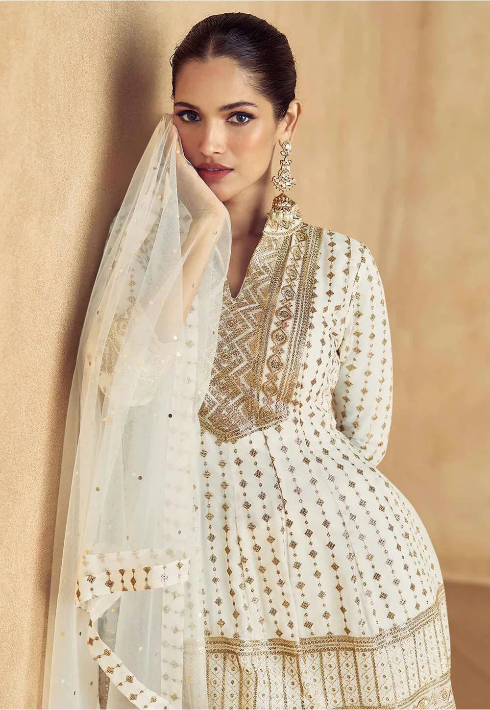 Embroidered Georgette Pakistani Suit in Off White