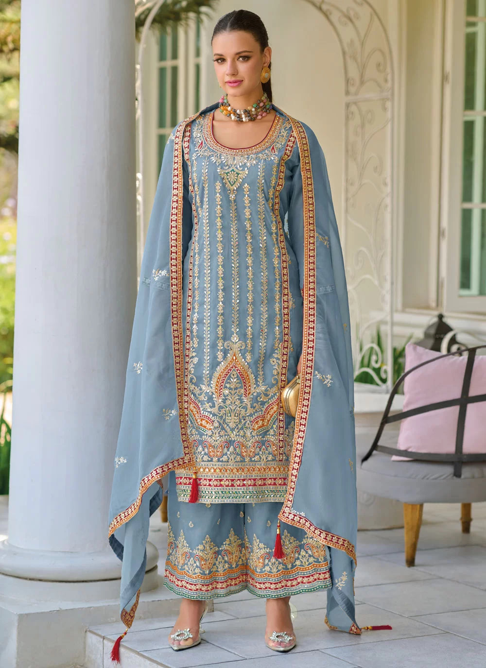 Embroidered, Mirror and Sequins Work Shimmer Salwar Suit