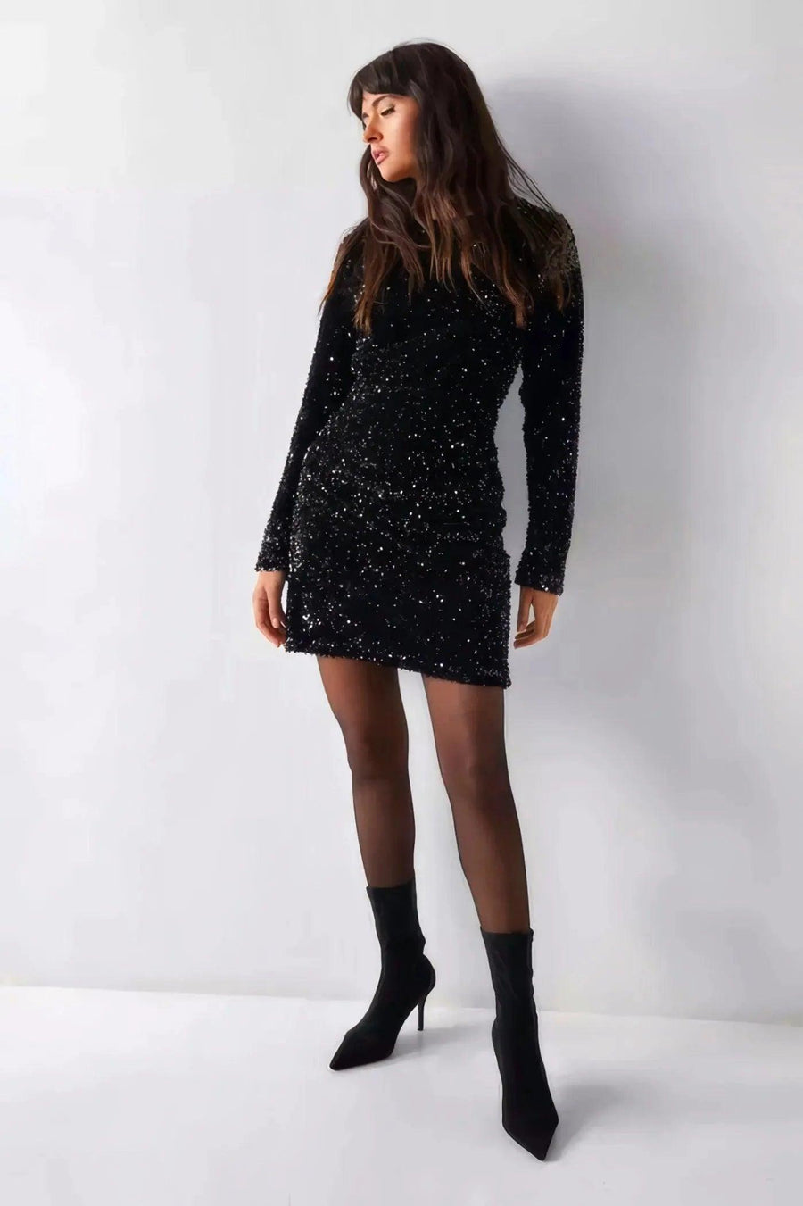 Black Velvet Sequin Drape Front Mini Dress