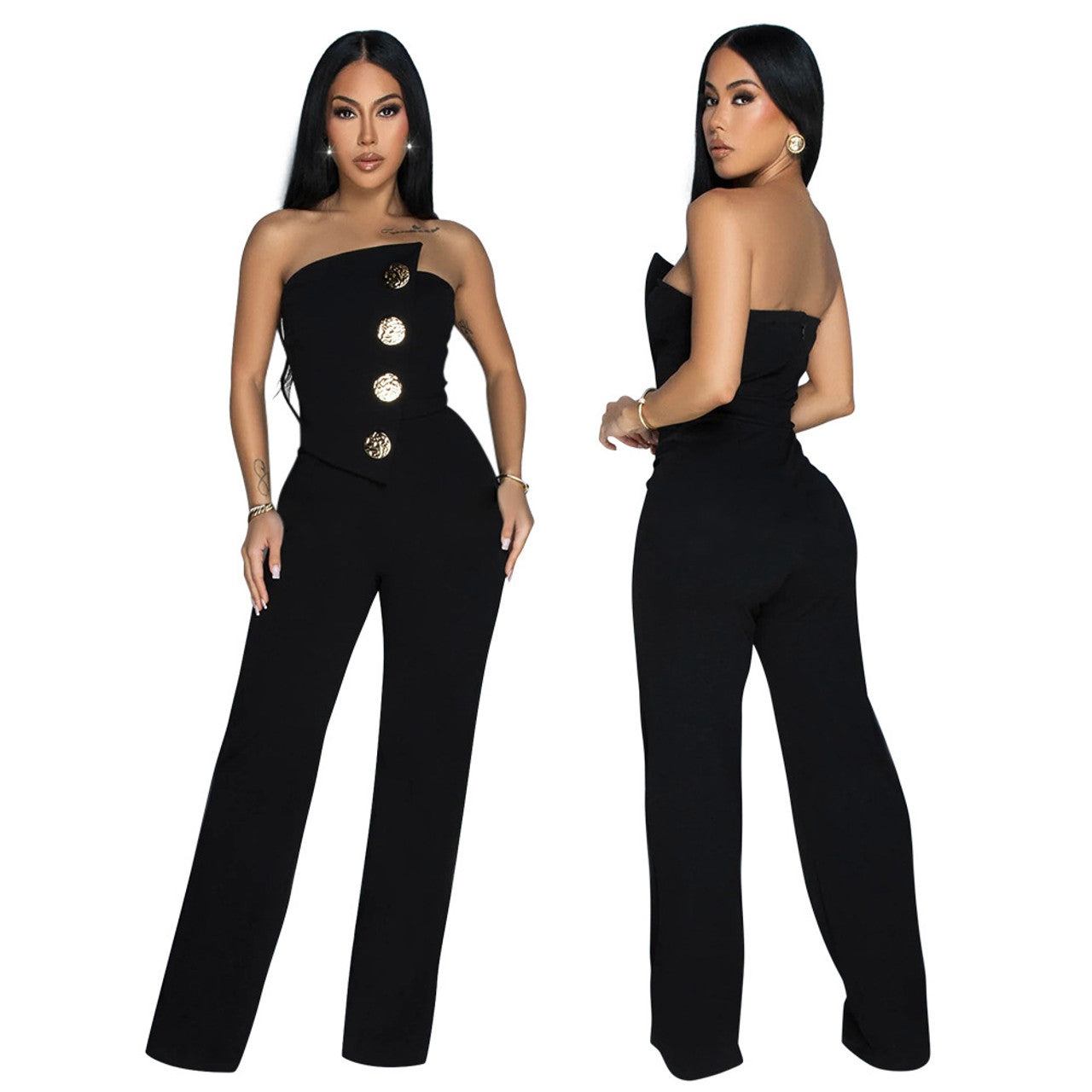 Solid Color Tube Top Gold Button Embellished Bootcut Jumpsuit