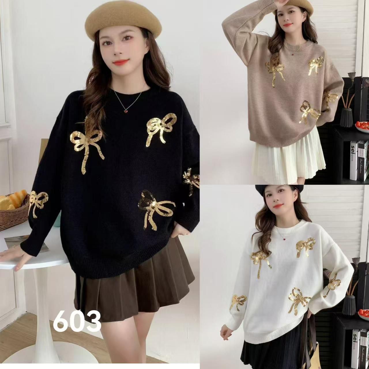Crystella 3D Sequinned Bow detailing Sweaters