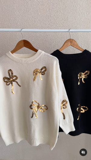 Crystella 3D Sequinned Bow detailing Sweaters
