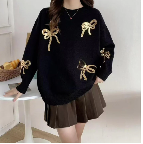 Crystella 3D Sequinned Bow detailing Sweaters