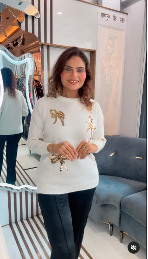 Crystella 3D Sequinned Bow detailing Sweaters