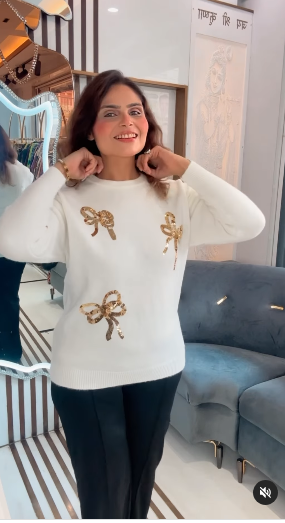 Crystella 3D Sequinned Bow detailing Sweaters