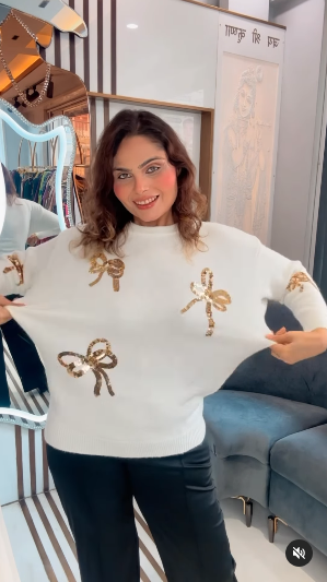 Crystella 3D Sequinned Bow detailing Sweaters