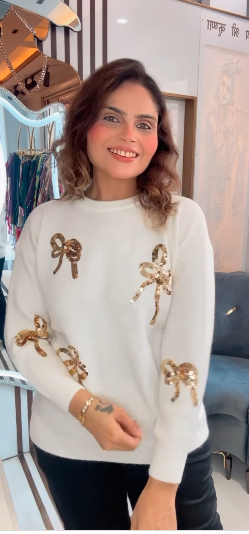 Crystella 3D Sequinned Bow detailing Sweaters