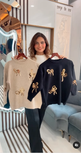 Crystella 3D Sequinned Bow detailing Sweaters