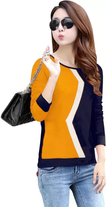 Women Tshirt Women Colorblock Round Neck Polyester Blue, Yellow T-Shirt