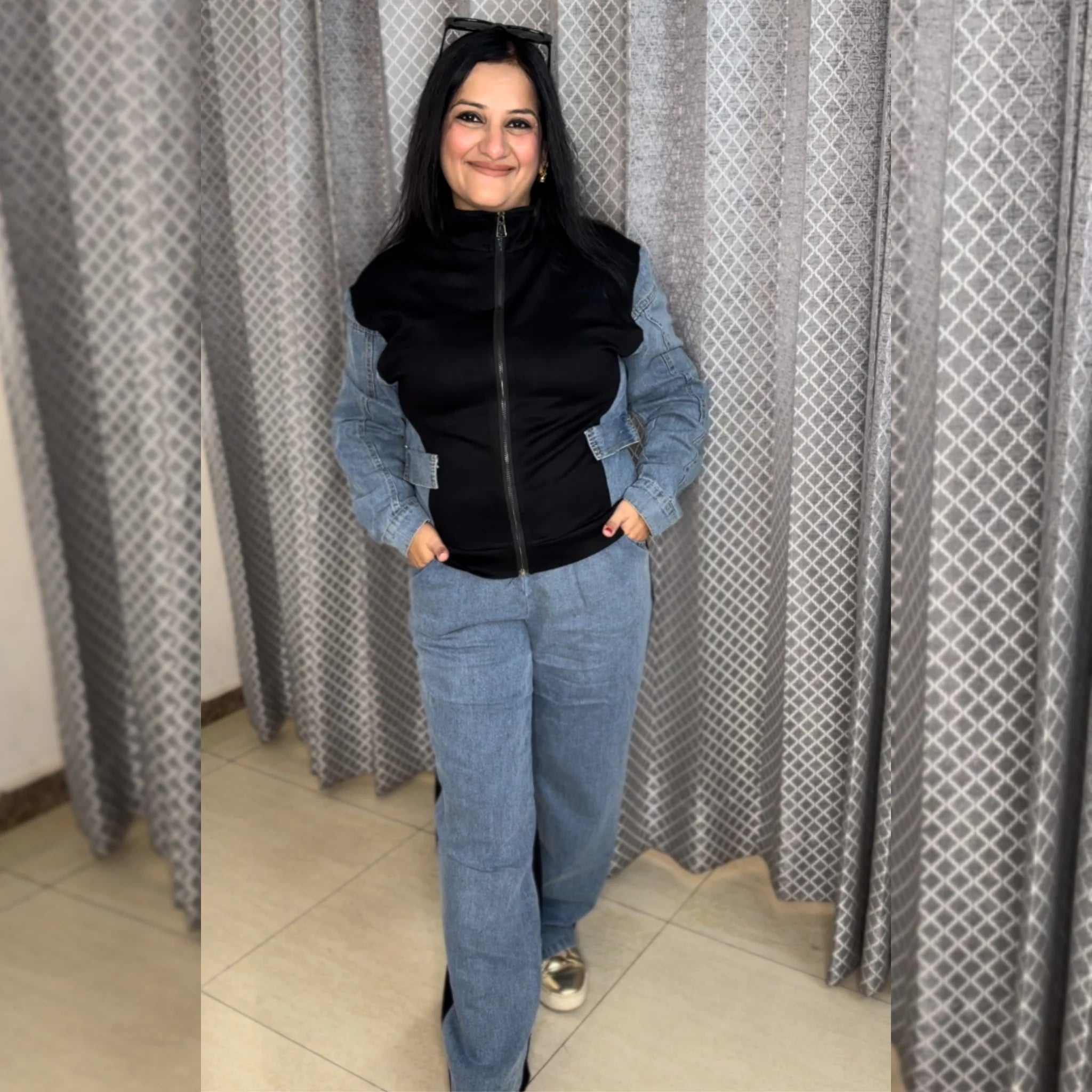 Lara Denim Look Stitching Jacket Girls Spring And Autumn  Wide Leg Long Pants Two-Piece Co-Ord Set