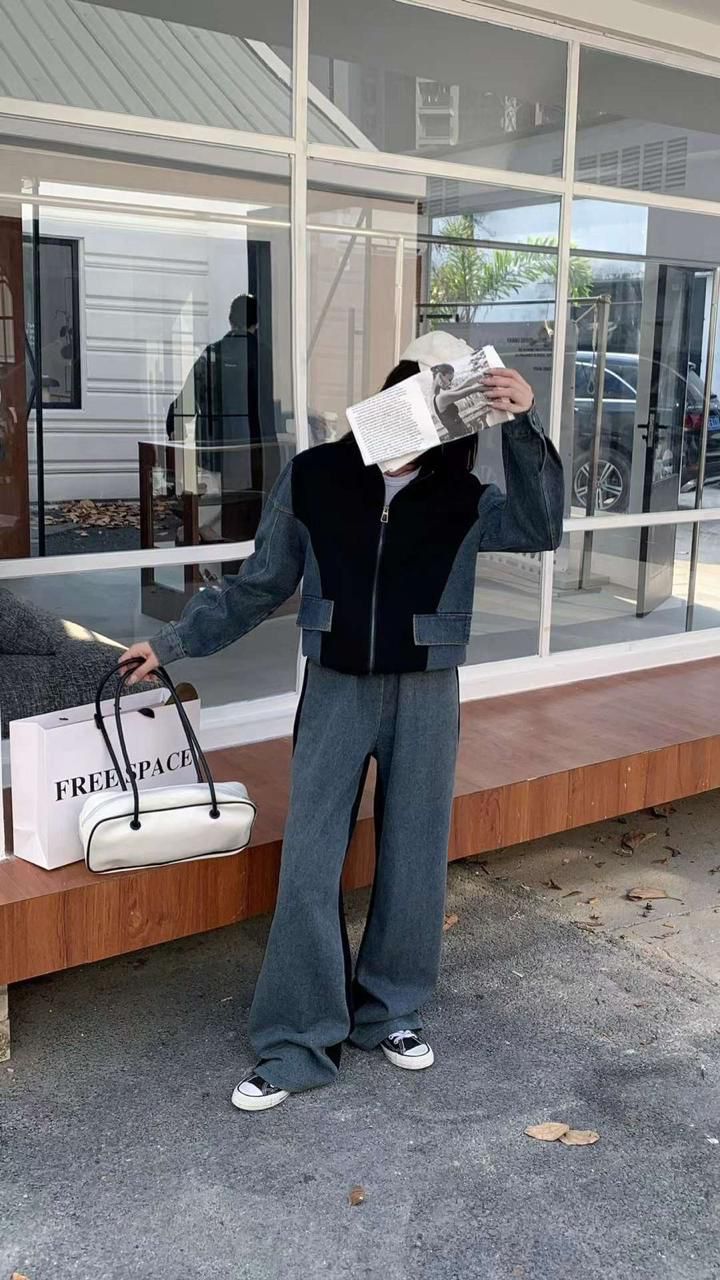 Lara Denim Look Stitching Jacket Girls Spring And Autumn  Wide Leg Long Pants Two-Piece Co-Ord Set