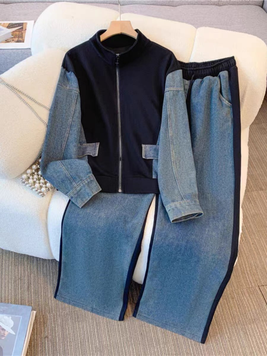 Lara Denim Look Stitching Jacket Girls Spring And Autumn  Wide Leg Long Pants Two-Piece Co-Ord Set