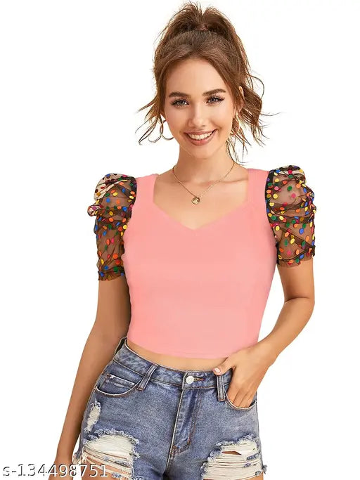 PEACH Short Sleeve Solid Crop Top For Girls & Women's