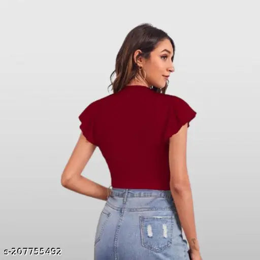 Maroon Round Neck With Short Sleeve With Cap Style Sleeve Crop Top For Girls & Women's