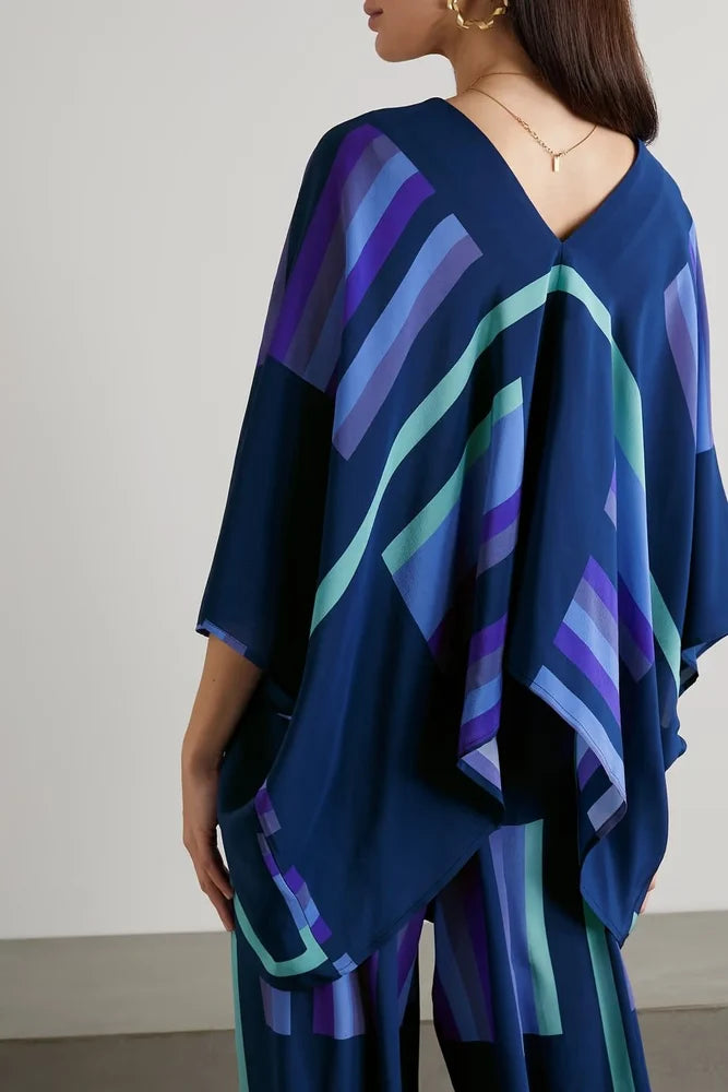 Galaxy Striped Print V-Neck Fashion Loose Fit Top + Pant Co-ord Sets