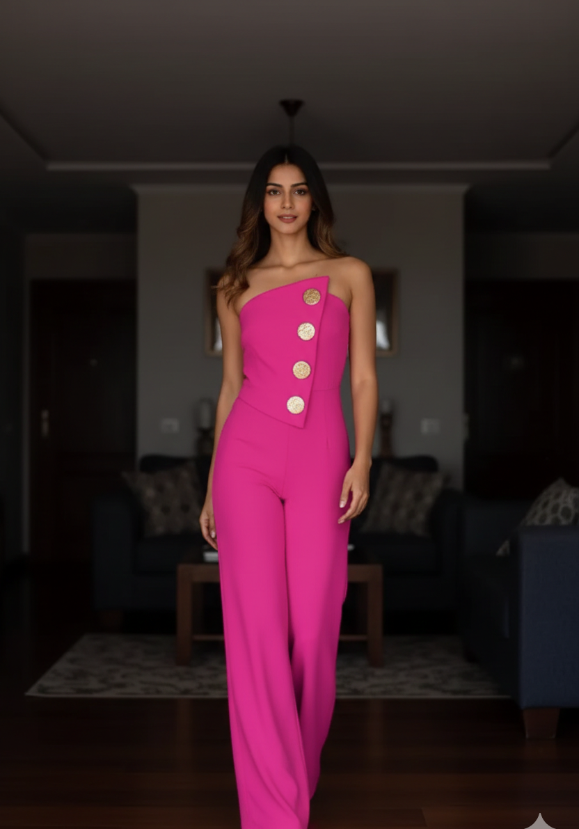 Solid Color Tube Top Gold Button Embellished Bootcut Jumpsuit