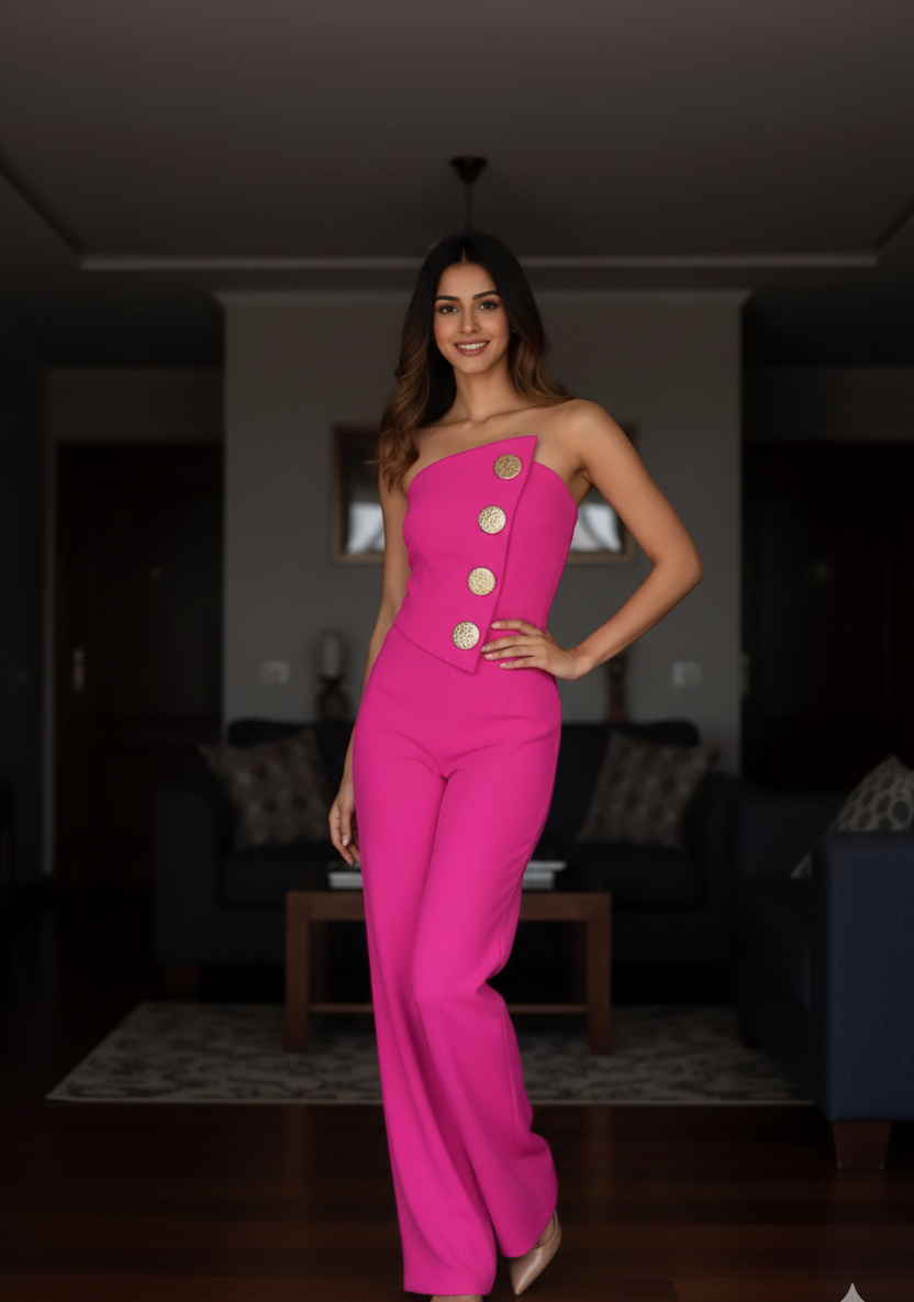 Solid Color Tube Top Gold Button Embellished Bootcut Jumpsuit