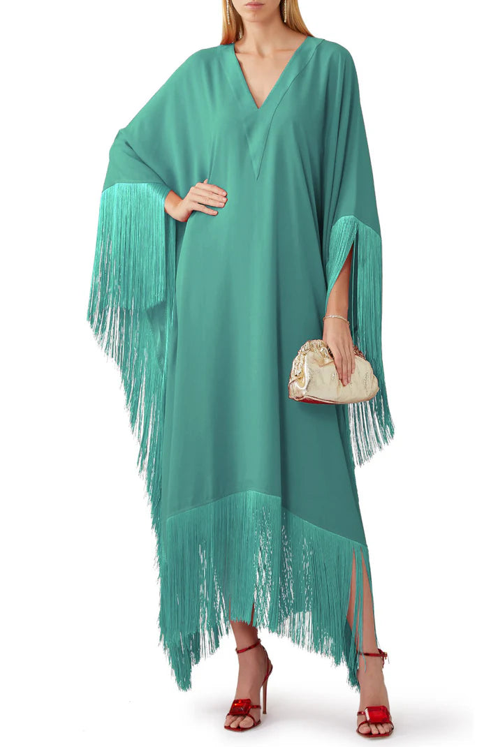 V-Neck Korean Silk Fringe Kaftan Dress