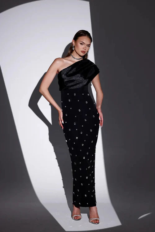 One Shoulder Drape Bandage Rhinestone Dress