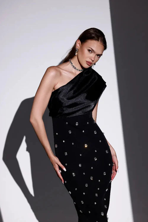One Shoulder Drape Bandage Rhinestone Dress