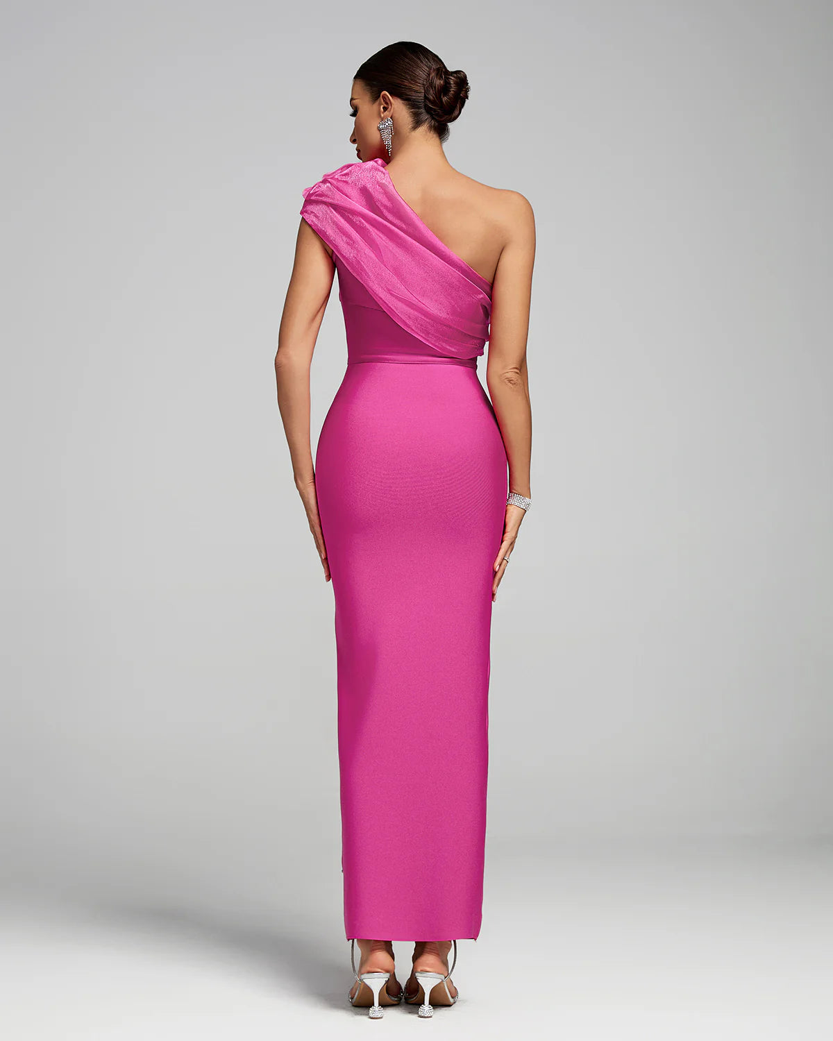 Pink One Shoulder Drape Bandage Rhinestone Dress