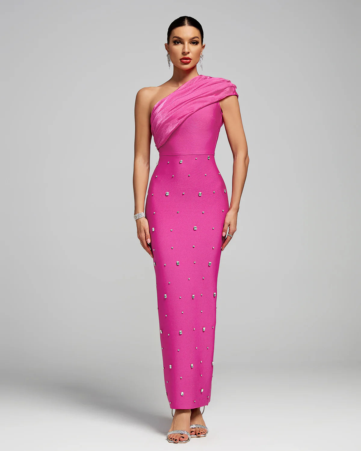 Pink One Shoulder Drape Bandage Rhinestone Dress