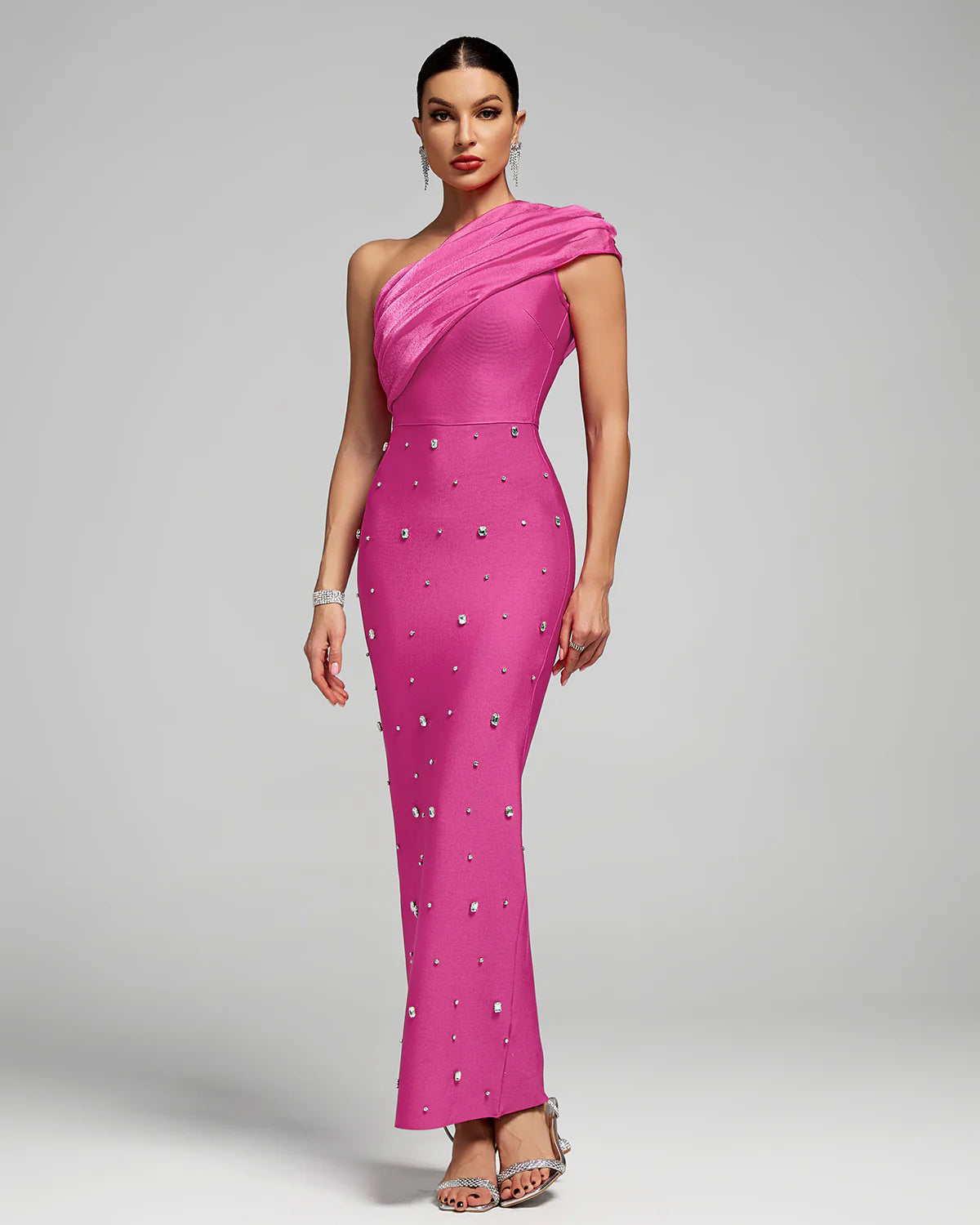 Pink One Shoulder Drape Bandage Rhinestone Dress