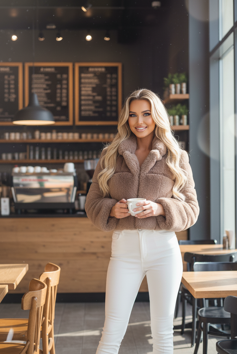 Victoria Women's Zip Up Fluffy Crop Jacket Without Hood Faux Fur Fleece Coat