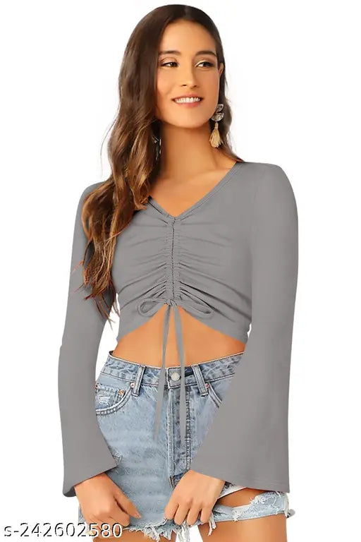 Drawstring V Neck Bell Sleeves Top