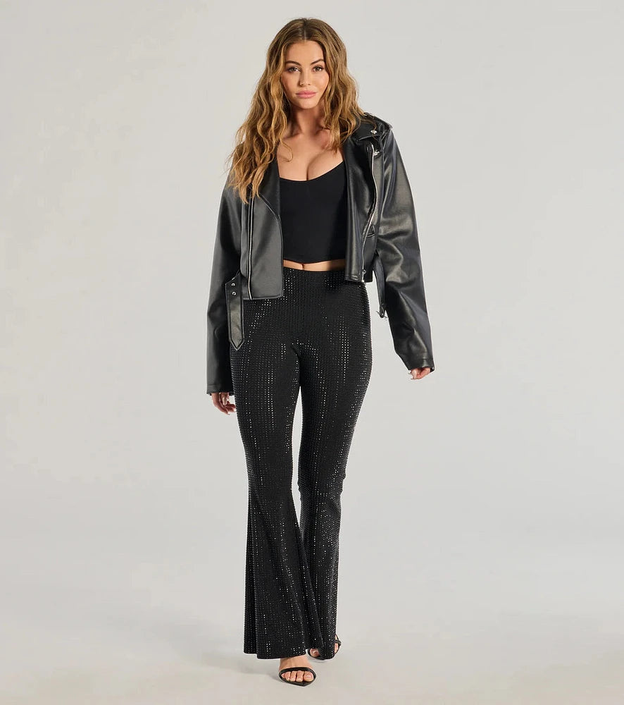 Rachael Flare Pants for Women's Stretch 1980s Sparkle With Rhinestones